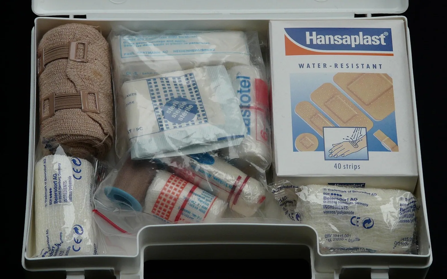 First aid kit, help and suitcase